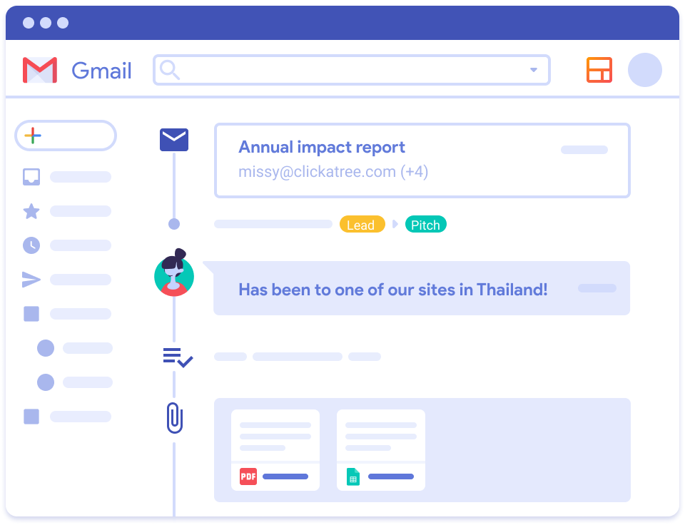 Illustration of a box timeline in Streak. The timeline includes an email, a comment, a task, and attached files.