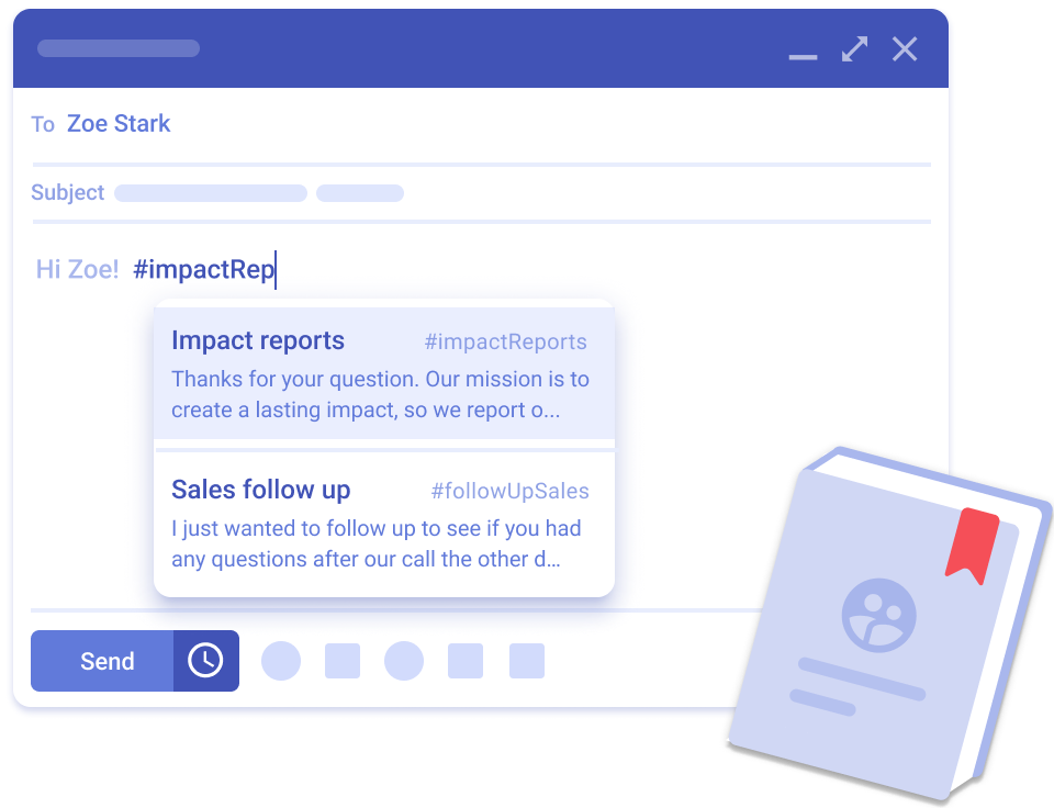 Illustration of an email draft. A snippet is being inserted, the snippet menu is visible.