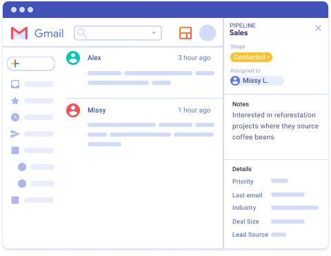 illustration of an email thread in Gmail with Streak sidebar on the right side. The sidebar shows information about a sales deal