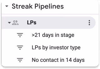 A screenshot of the filter, sort, and group pipeline functions in Streak