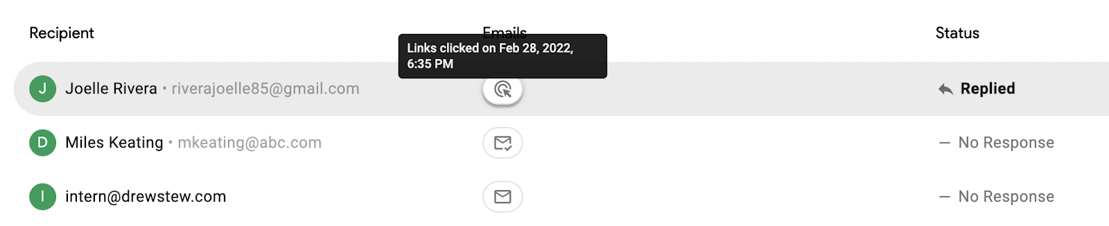 A screenshot of link tracking for individual mail merge recipients