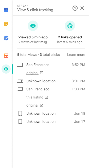 A screenshot of the history of email views and clicks for the entire email conversation in the Streak sidebar
