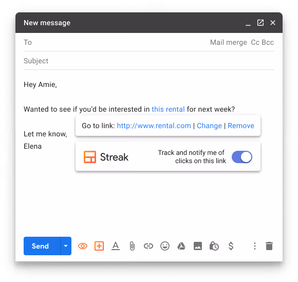 A composed email draft and a Streak toggle window for email link tracking