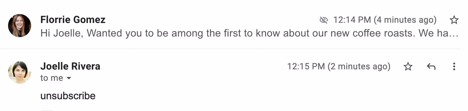A screenshot of an email and a reply to the email