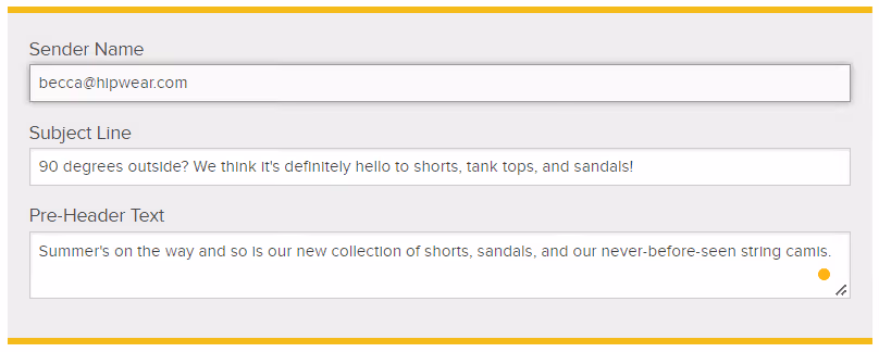 A screenshot of the fill-in template for the email sender name, subject line, and pre-header text