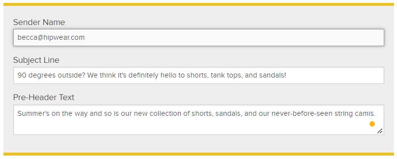 A screenshot of the fill-in template for the email sender name, subject line, and pre-header text