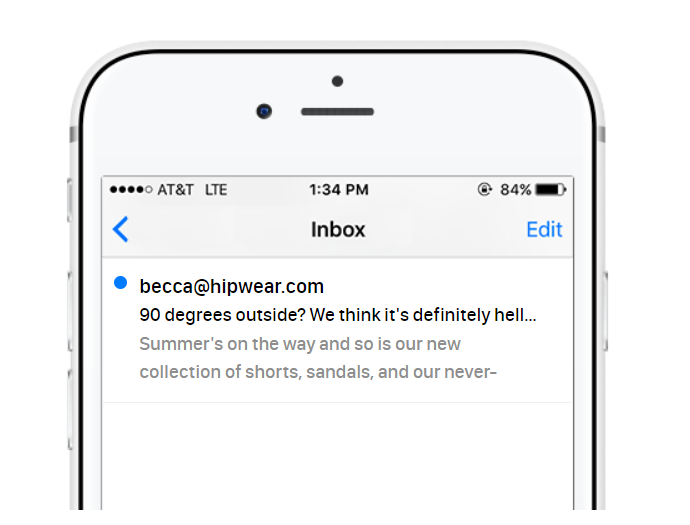 A screenshot of the translated template for the sender name, email subject line, and pre-header text on an iPhone screen