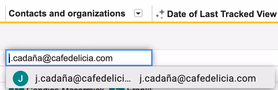 A screenshot showing an email address being entered into the Contacts and organizations field in a Streak pipeline in Gmail. The email address is j.cadaña@cafedelicia.com