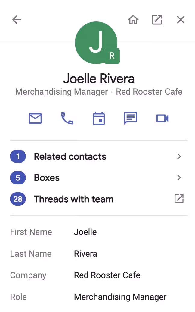 A screenshot of the Streak contact sidebar in Gmail, which shows a contact named Joelle Rivera and their contact information. This includes the company name "Red Rooster Cafe"