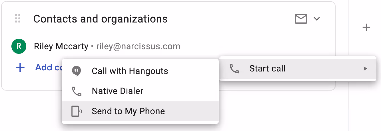 A screenshot of the Contacts and organizations section of a streak box. it shows the "start a call" menu option and then "sent to my phone" being hovered over