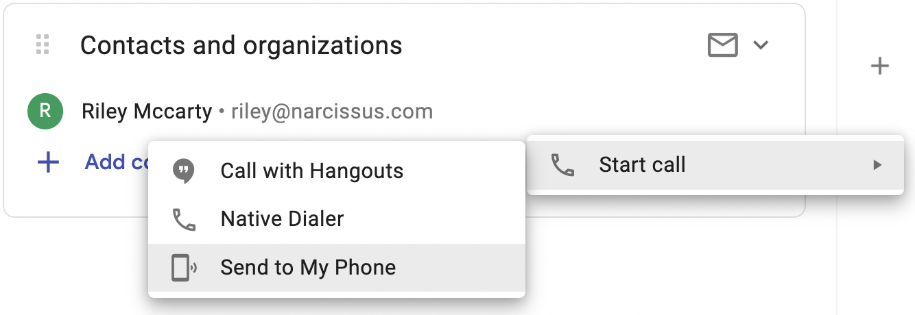 A screenshot of the Contacts and organizations section of a streak box. it shows the "start a call" menu option and then "sent to my phone" being hovered over