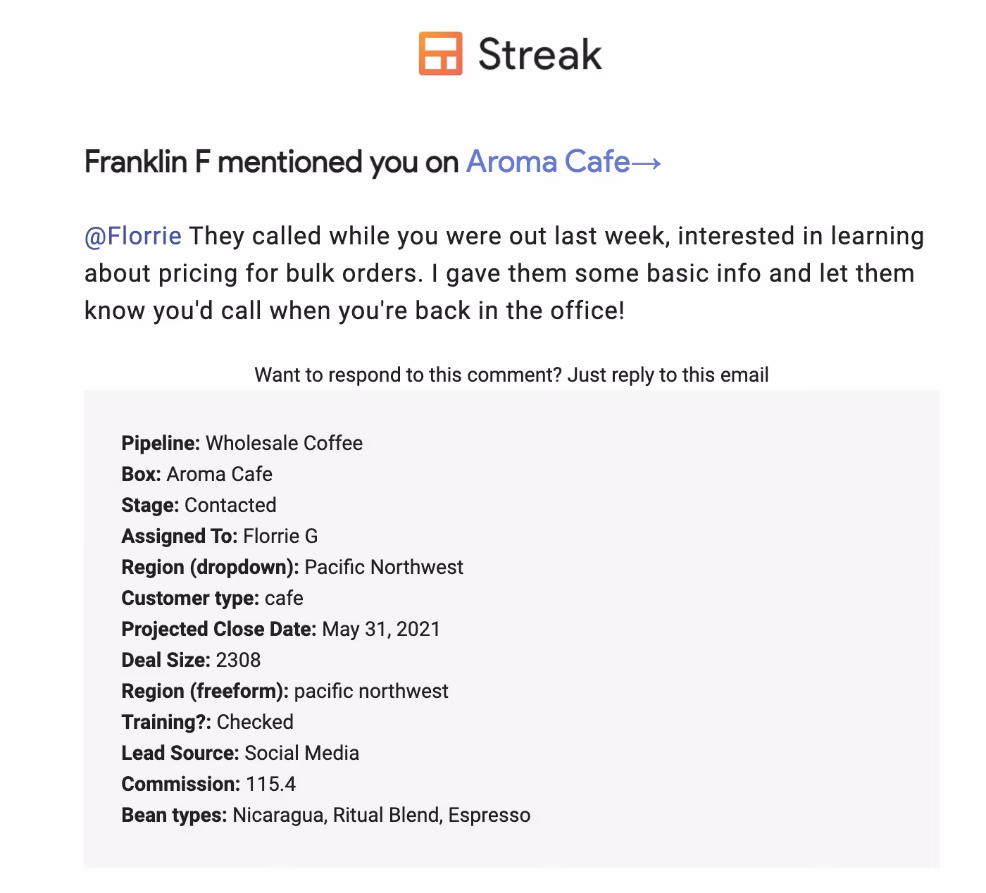 screenshot of a notification email from Streak showing that a team member has mentioned @Florrie in a comment.