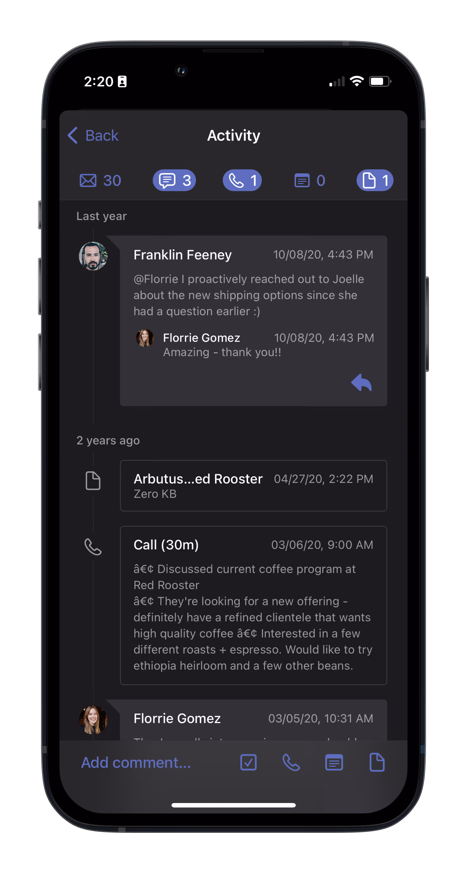 Filtered recent activity view in a box on mobile