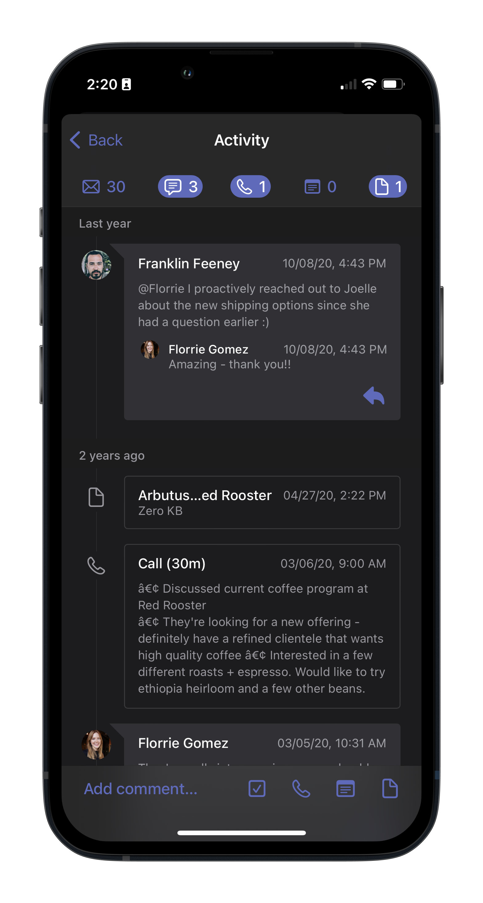 Filtered recent activity view in a box on mobile