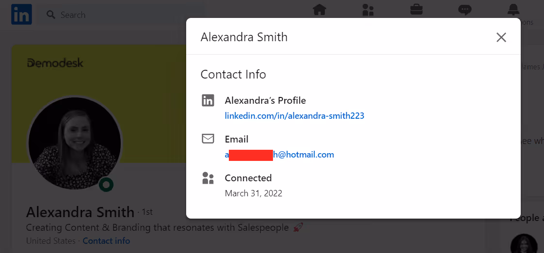 A screenshot of the contact information of a prospect on Linkedin