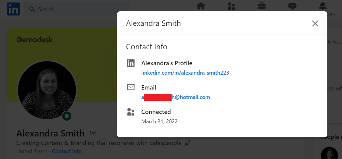 A screenshot of the contact information of a prospect on Linkedin