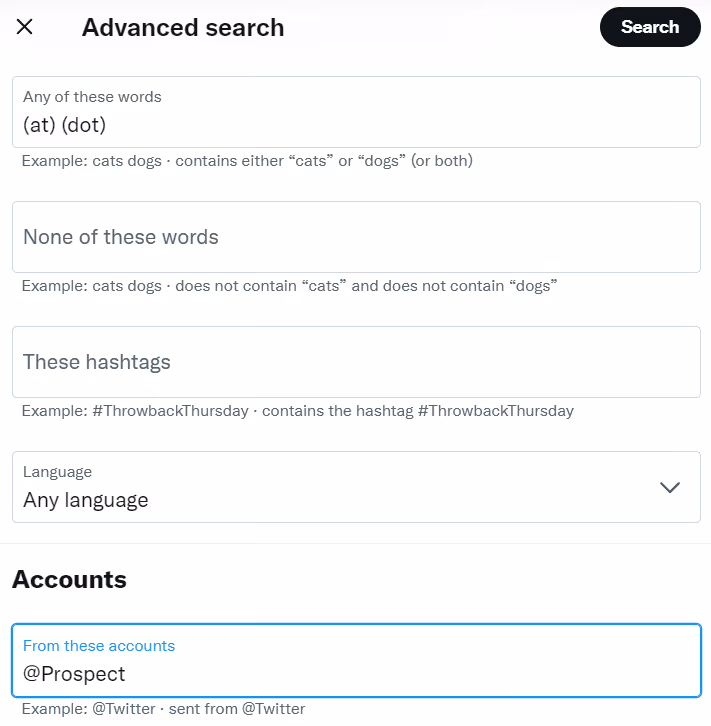 A screenshot of Advanced Search for Accounts on Twitter