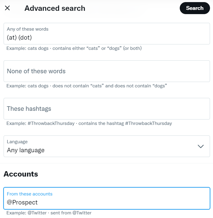 A screenshot of Advanced Search for Accounts on Twitter
