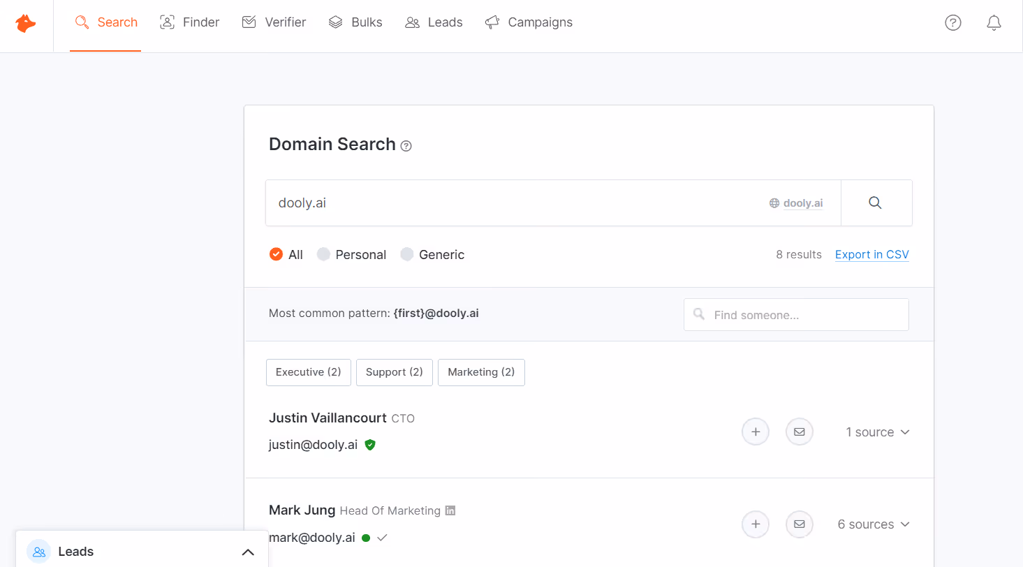 A screenshot inside features of the Hunter.io tool