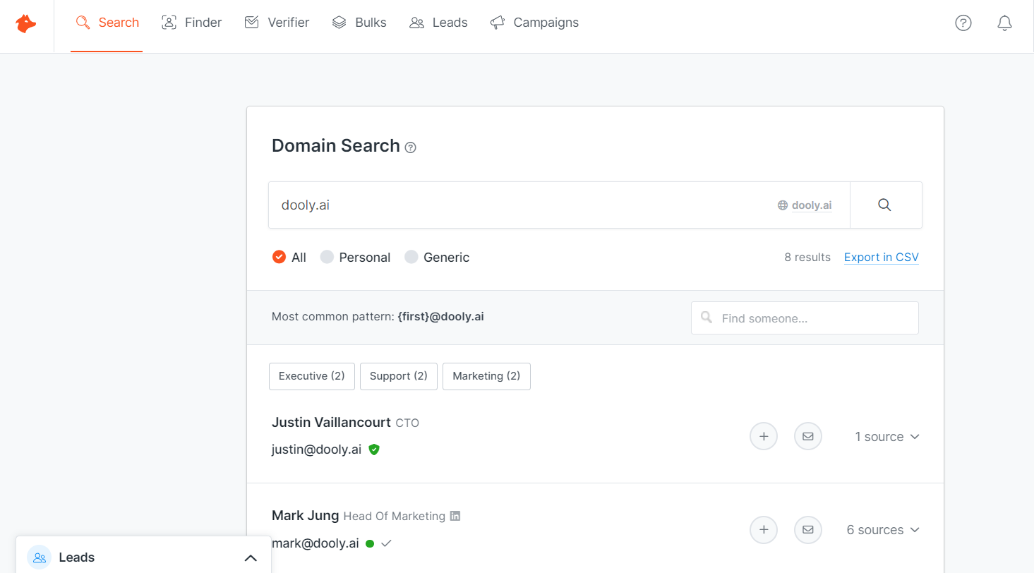 A screenshot inside features of the Hunter.io tool