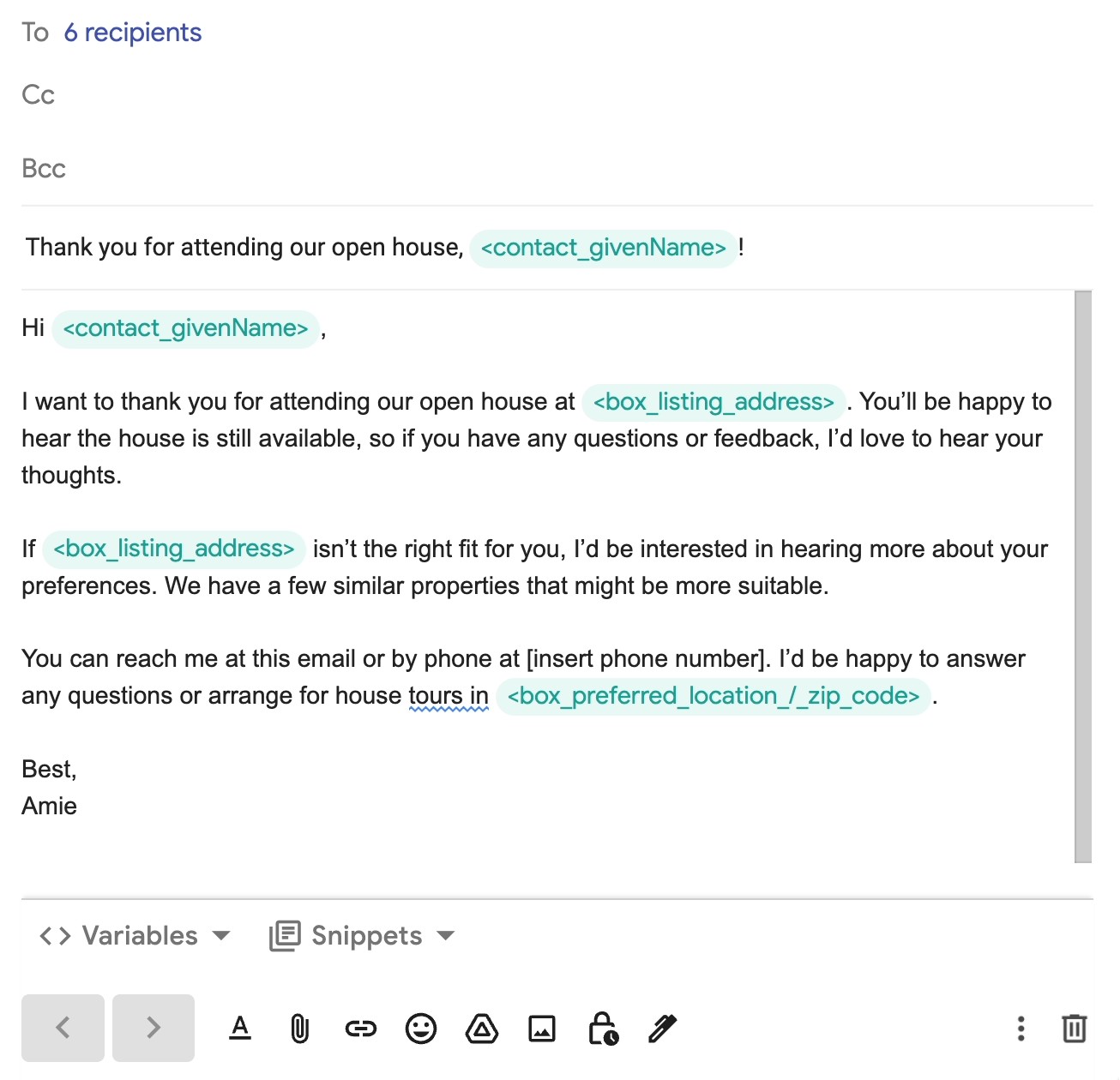 An email Compose showing the use of a prospect's name in the subject line made personalized for the recipient