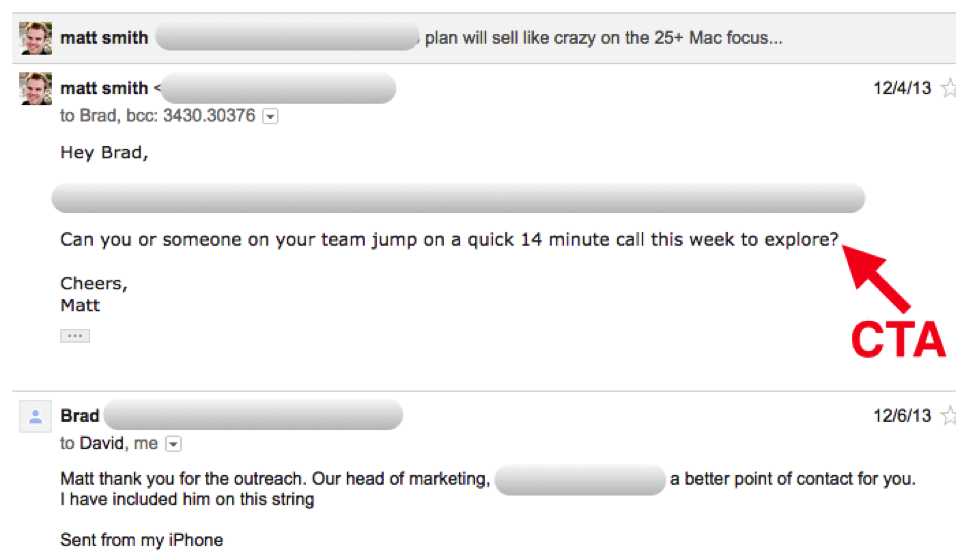 Screenshot of a sample cold outreach email showing a clear CTA a the end