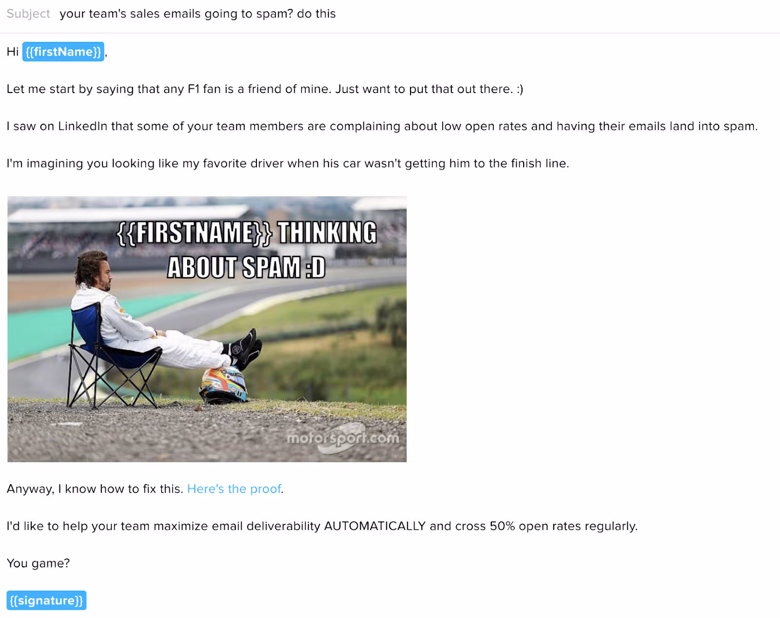 image of a cold outreach email using an F1 racing meme as an example of using humor in one of these communications