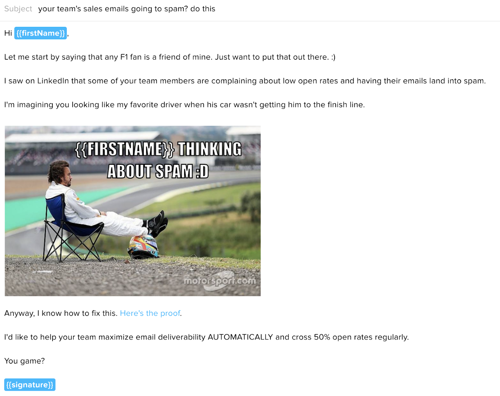 image of a cold outreach email using an F1 racing meme as an example of using humor in one of these communications