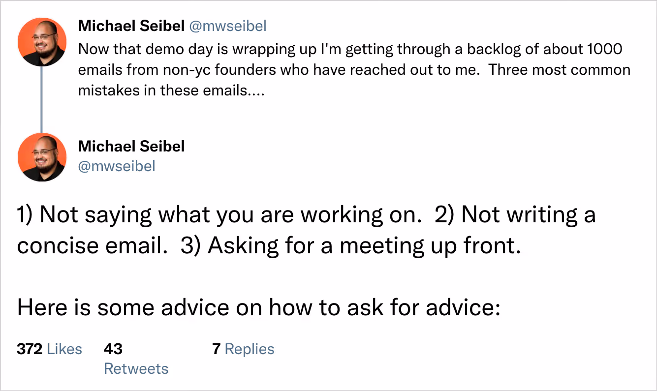 screenshot of michael seibel’s tweets about cold investor emails tips on sending cold investor emails