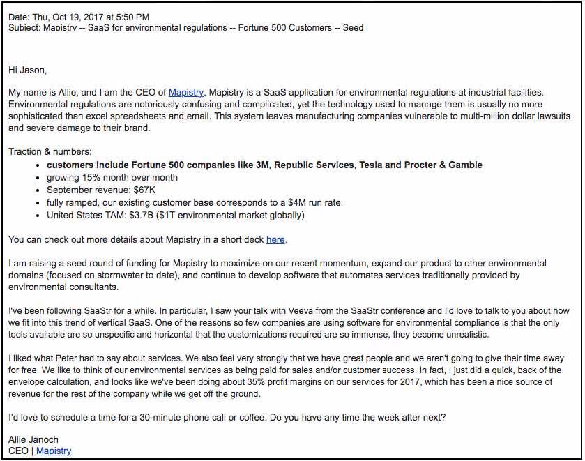 sample of a winning cold email with a personalized paragraph for investors