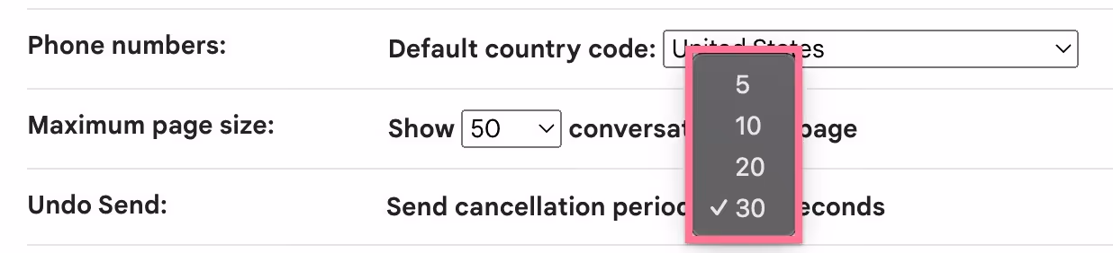 screenshot of undo send time frame options in Gmail
