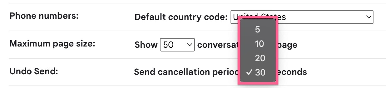 screenshot of undo send time frame options in Gmail