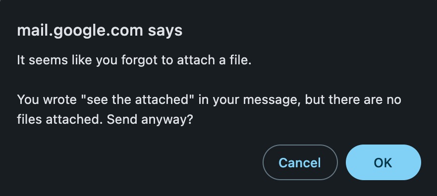a screenshot of gmail missing attachment warning