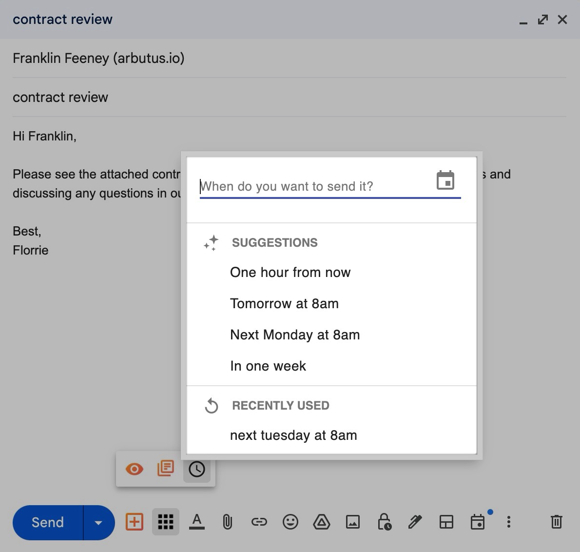 a screenshot of streak's schedule send feature in a gmail compose window