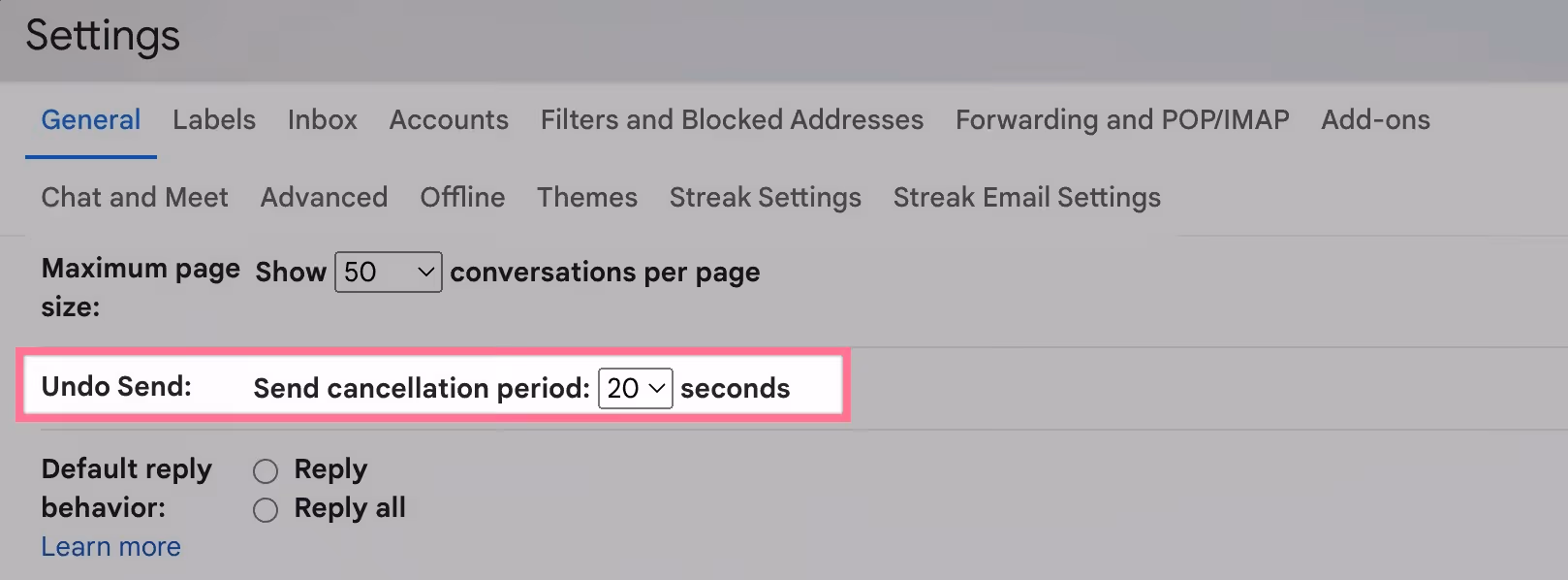 a screenshot of gmail's general settings page. the "undo send" setting option is highlighted.