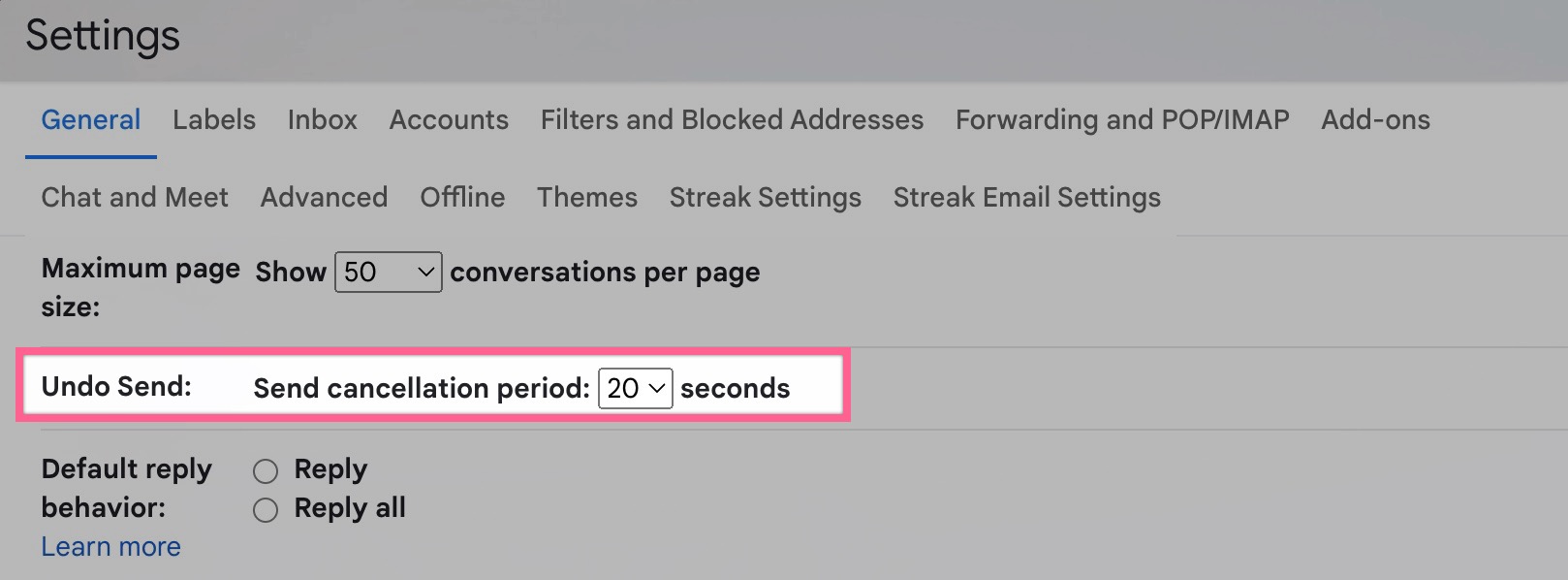 a screenshot of gmail's general settings page. the "undo send" setting option is highlighted.