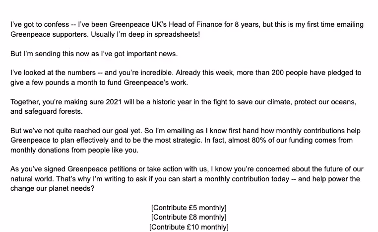 A screenshot of the email template from the global campaigning network Greenpeace aimed at its supporters who signed petitions and received newsletters but never donated
