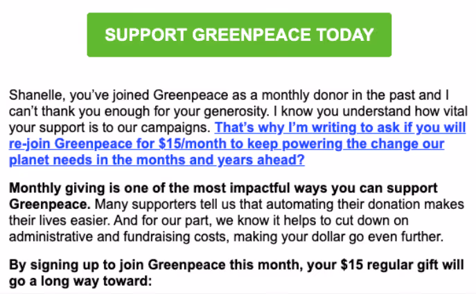 An email segment from Greenpeace sent to a recipient who has donated in the past