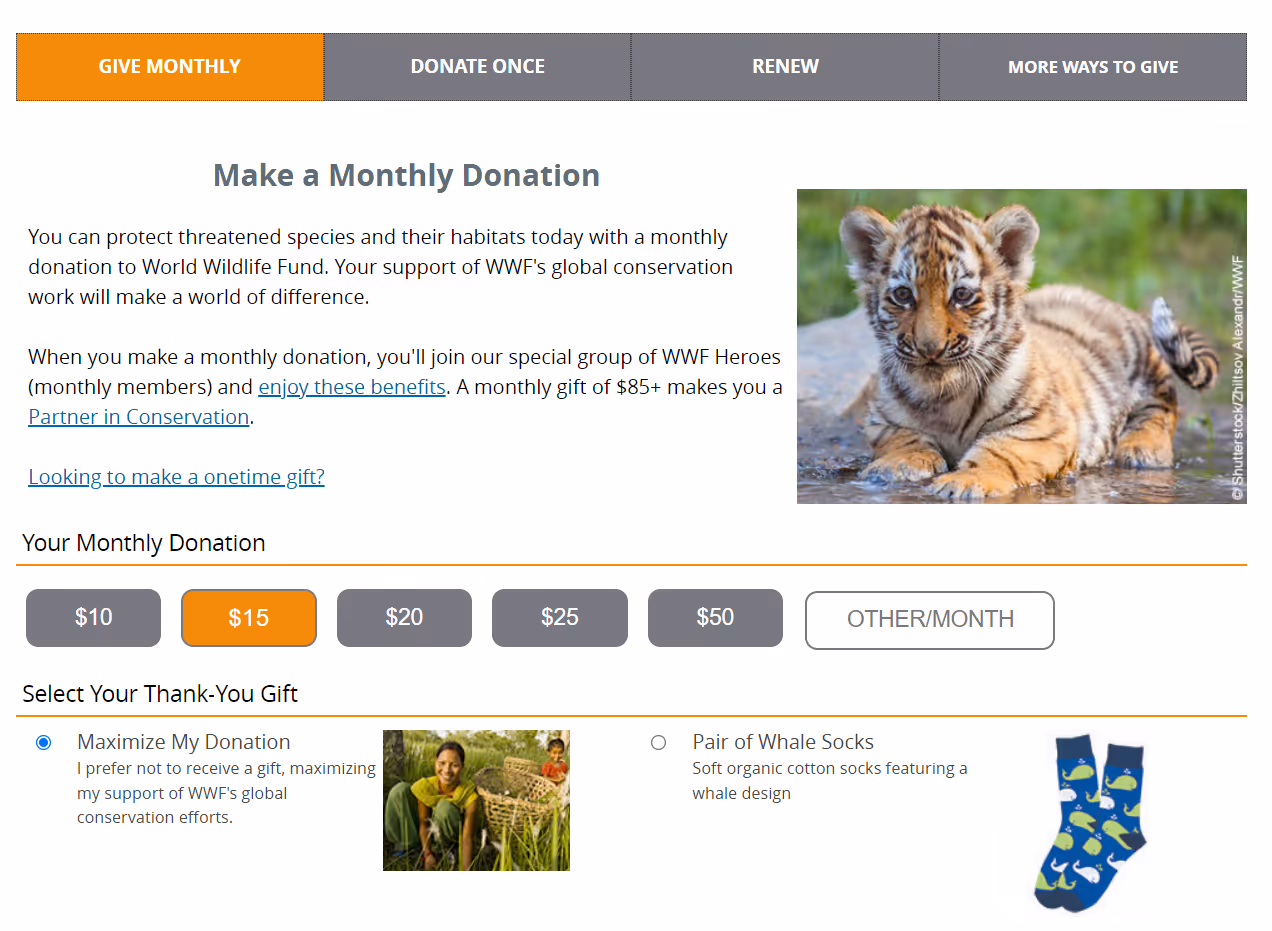 A simple yet effective donation page at World Wildlife Fund
