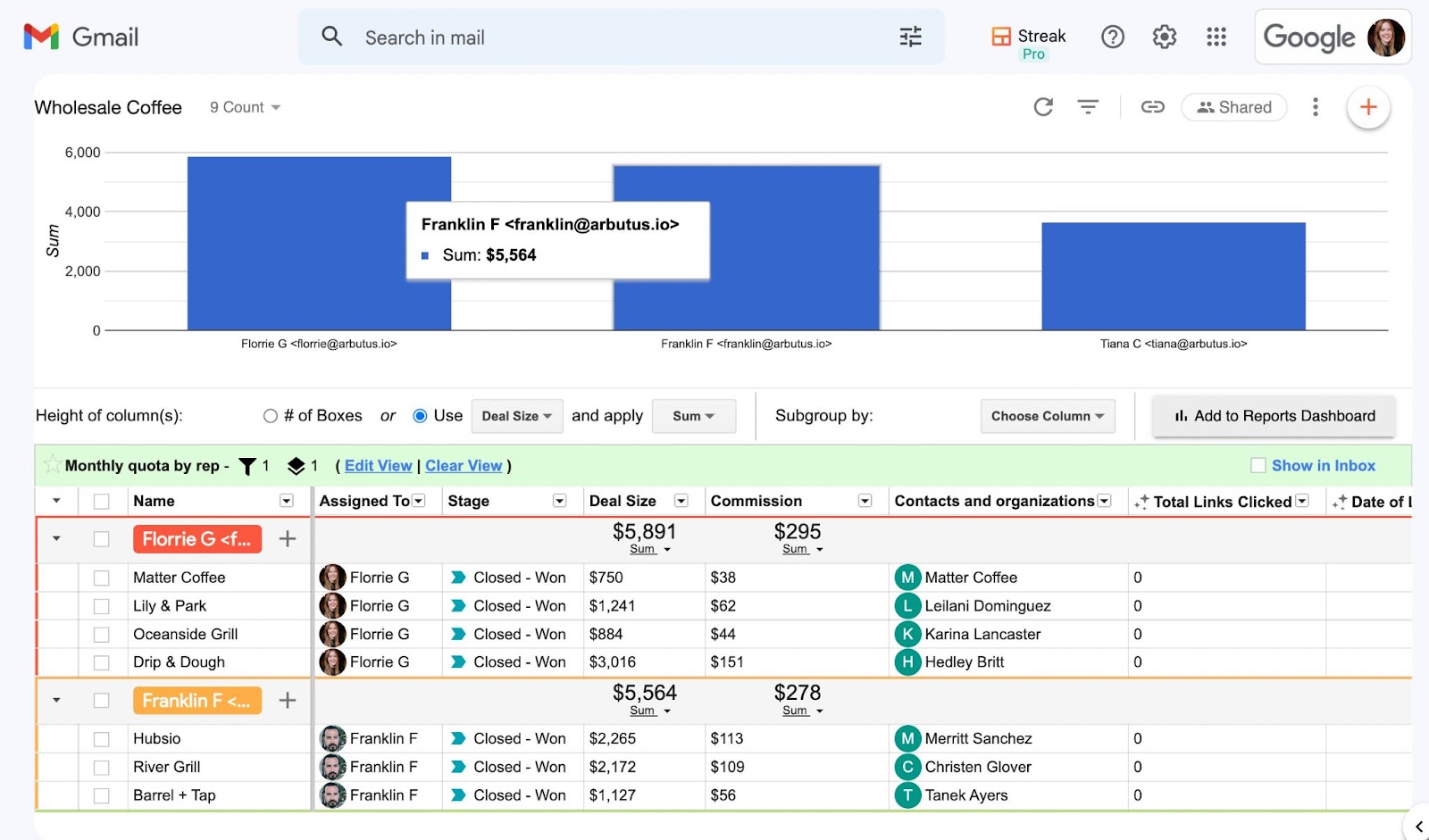 A screenshot of Streak tracing quota progress directly in Gmail