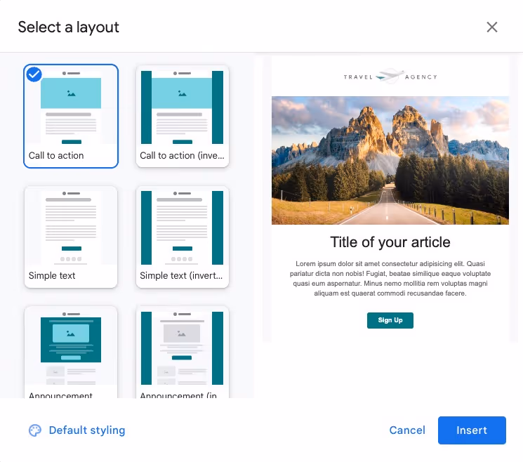 A Google workspace feature in Gmail that allows users to select a layout for a branded email