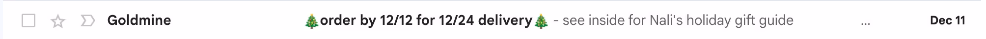 a screenshot of a subject line with the cutoff date for holiday delivery