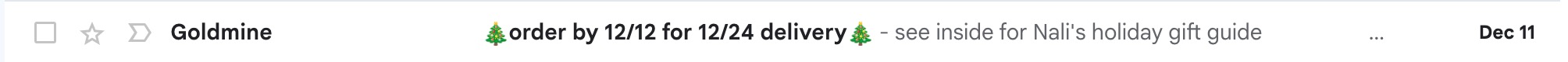 a screenshot of a subject line with the cutoff date for holiday delivery