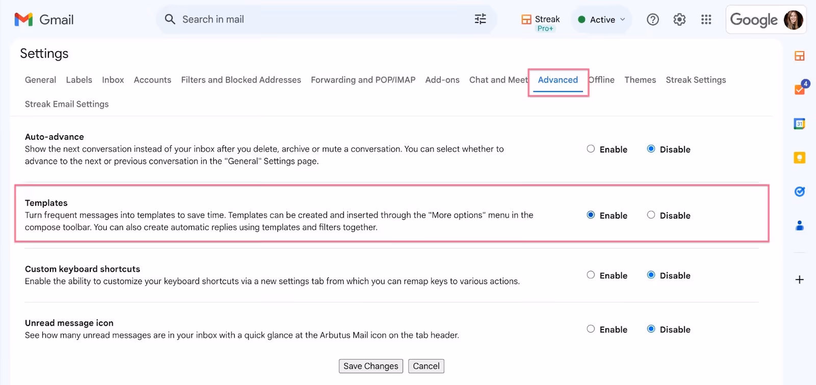 Advanced section of Gmail Settings showing the enabled Templates