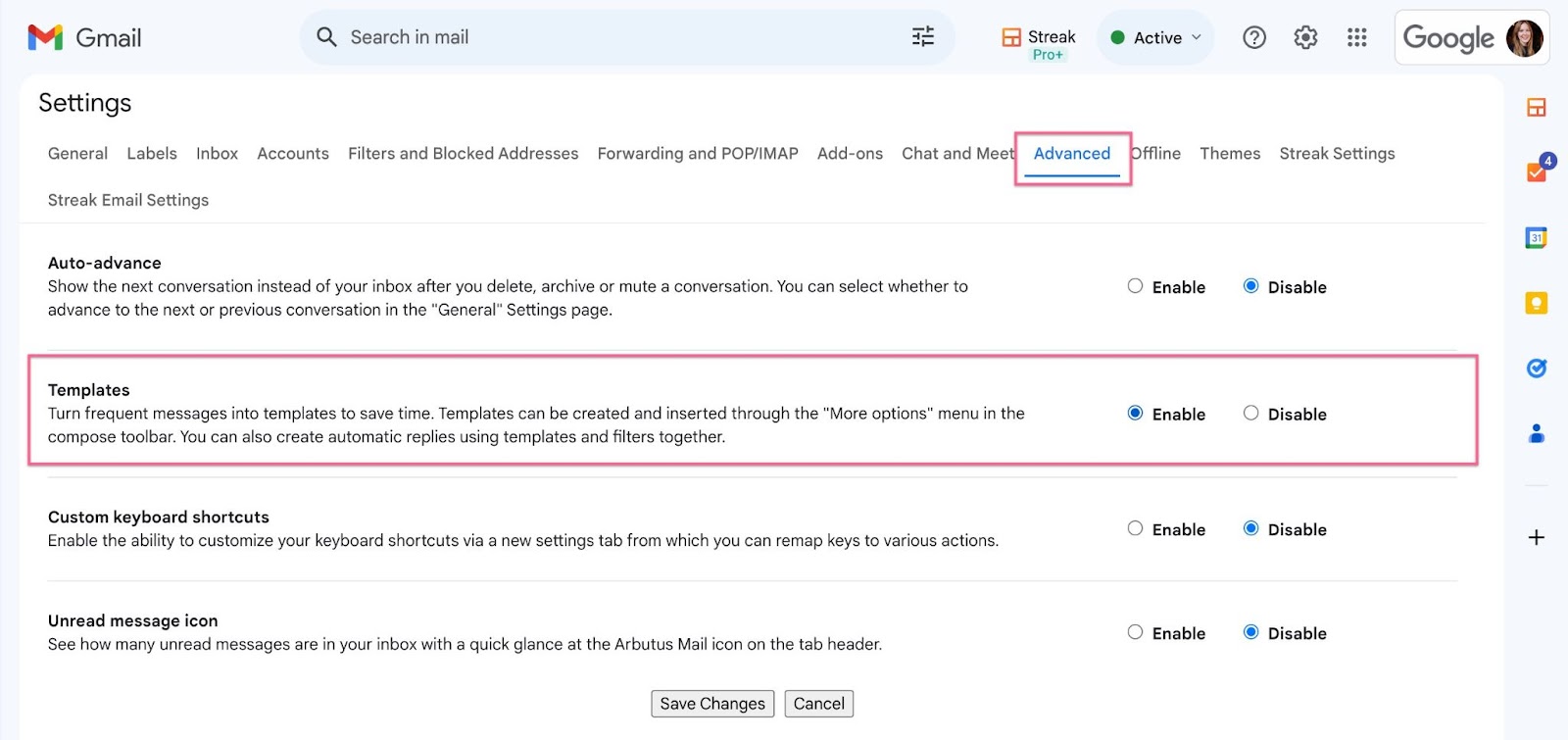 Advanced section of Gmail Settings showing the enabled Templates