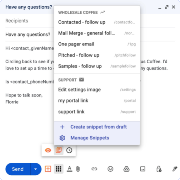 Steak Snippet in Gmail with prewritten email templates to activate canned responses