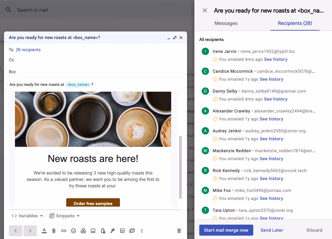 Gmail newsletter template being used in Streak's mail merge feature