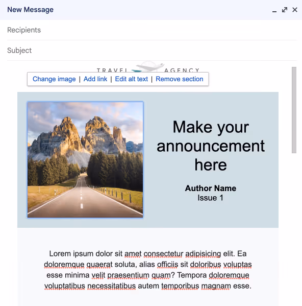a selected layout of a branded email where you will see editing/customization options