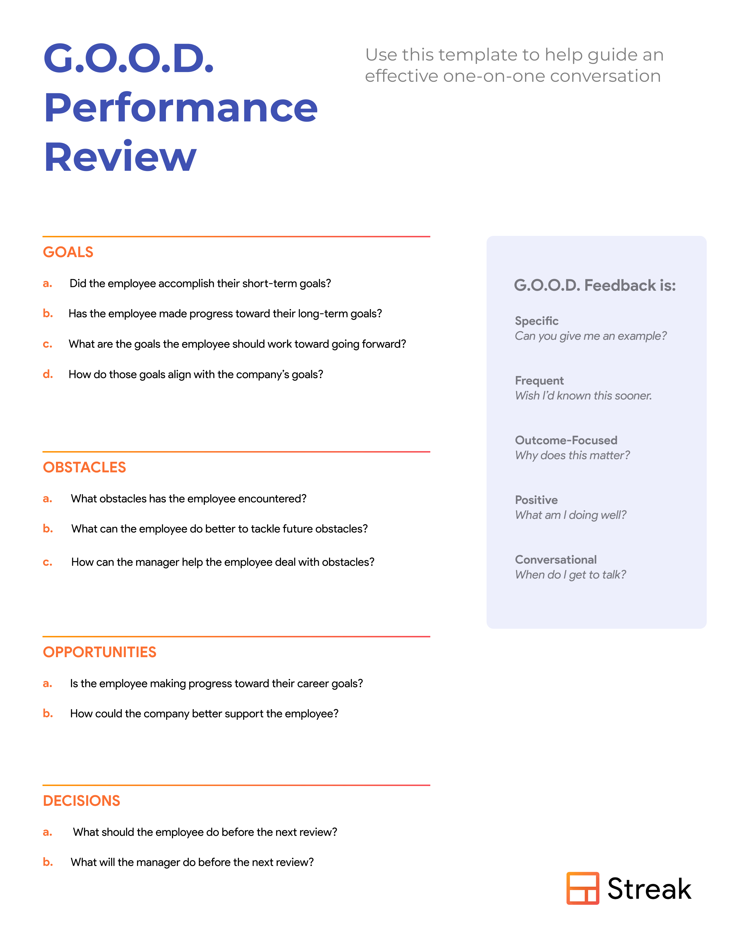 screenshot sample of the streak G.O.O.D. review template, which stands for Goals, Obstacles, Opportunities, and Decisions