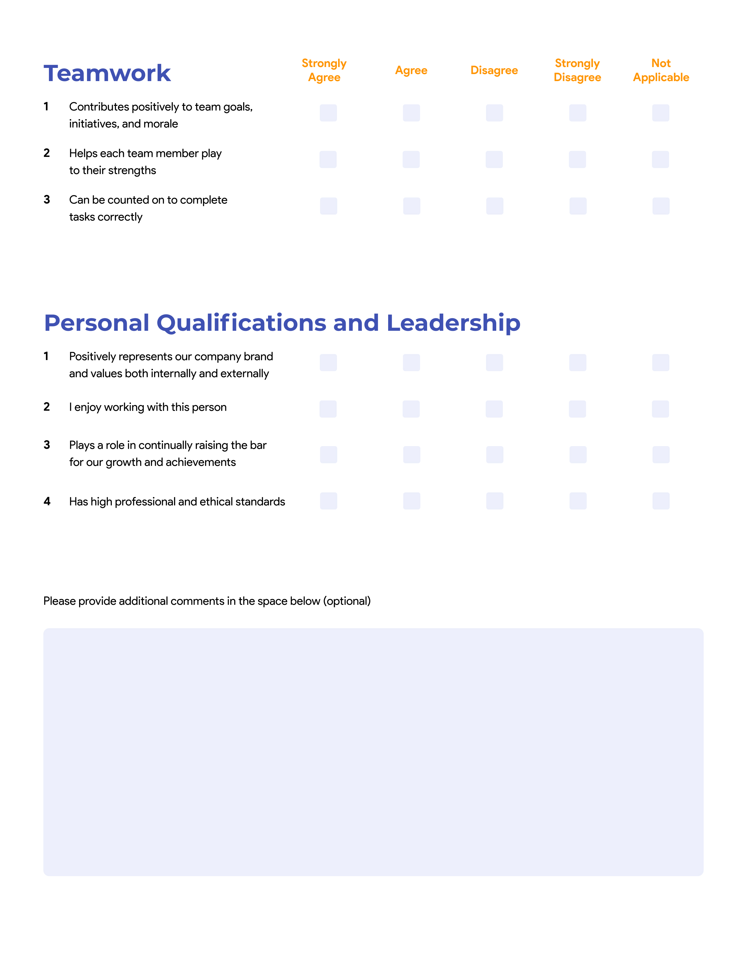 A screenshot of Streak 360 Performance Review in terms of teamwork, personal qualifications, and leadership